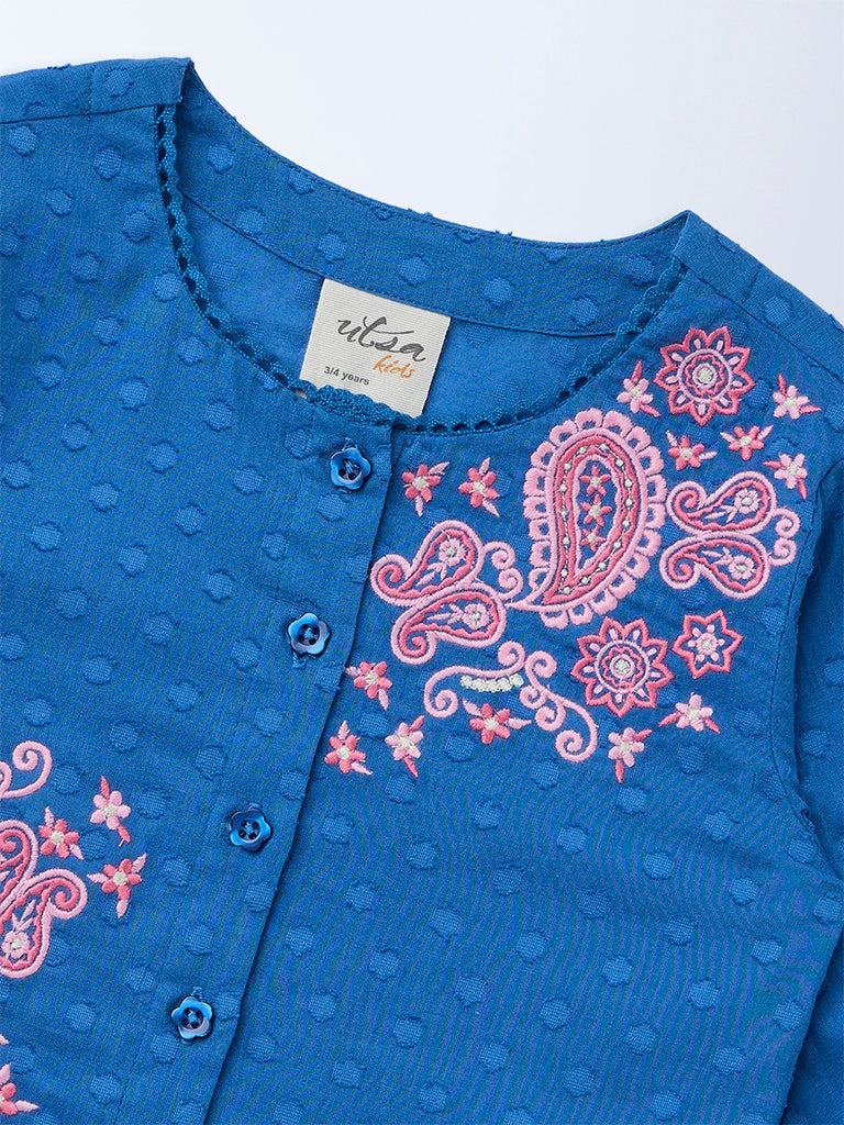 Utsa Kids Girls Indigo Floral Embroidered Cotton-Blend Top - (2-8 yrs)