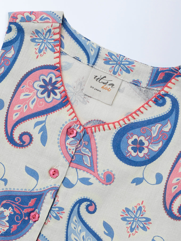 Utsa Kids Girls Off-White Paisley Printed Cotton-Blend Waistcoat - (2-8 yrs)