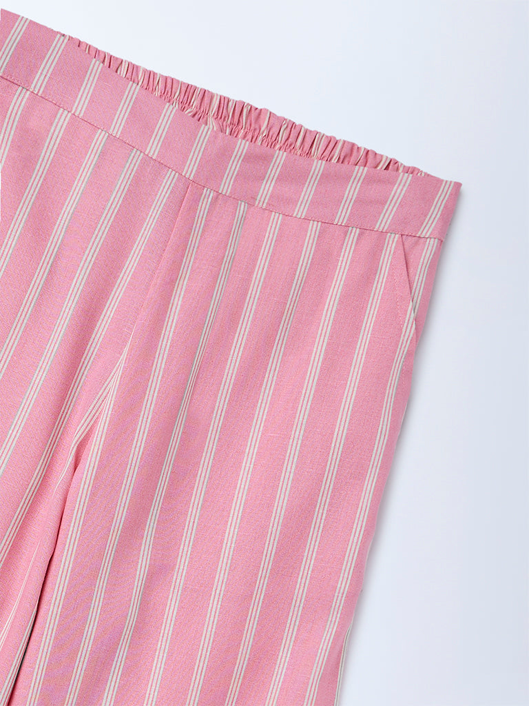 Utsa Kids Girls Light Pink Striped Mid-Rise Cotton-Blend Pants - (8-14 yrs)
