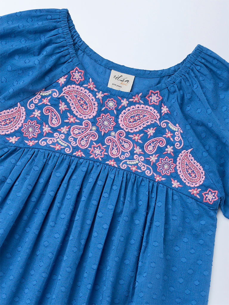 Utsa Kids Girls Indigo Floral Embroidered Tiered Cotton-Blend Dress - (8-14 yrs)