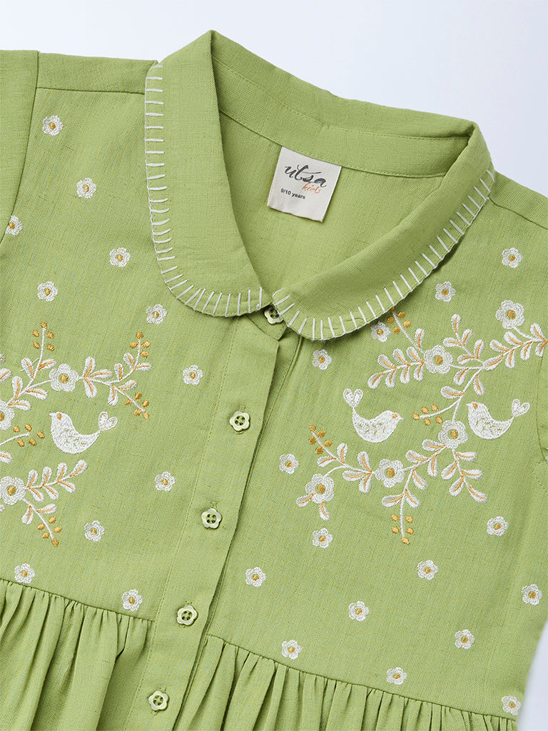 Utsa Kids Girls Mint Green Embroidered Tiered Cotton-Blend Dress - (8-14 yrs)