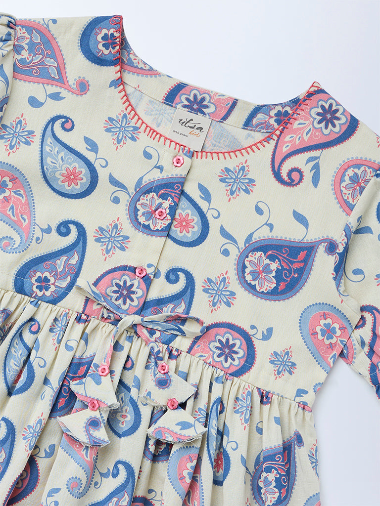 Utsa Kids Girls Off-White Paisley Printed Cotton-Blend Tiered Dress