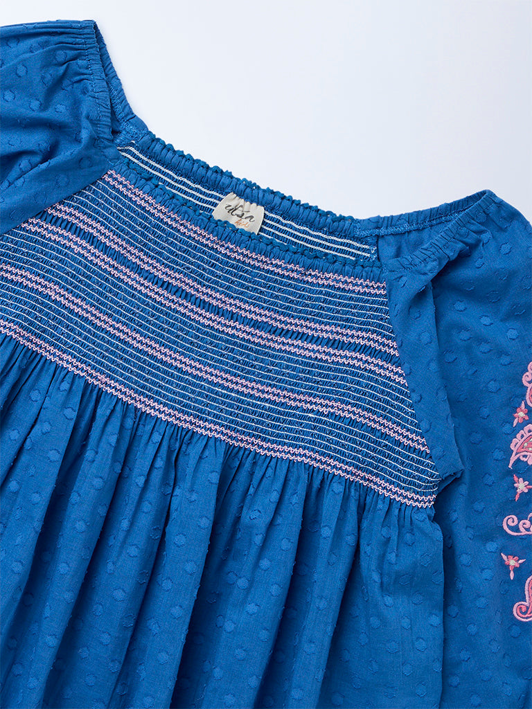 Utsa Kids Girls Indigo Embroidered Cotton-Blend Top - (8-14 yrs)