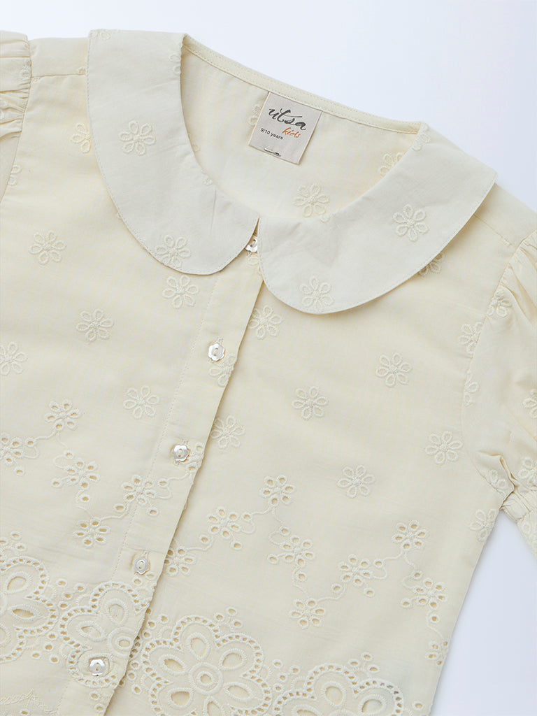 Utsa Kids Girls Off-White Embroidered Cotton Top - (8-14 yrs)