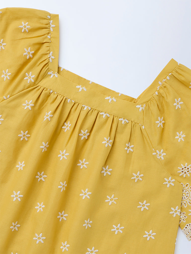 Utsa Kids Girls Yellow Embroidered Cotton Top - (8-14 yrs)