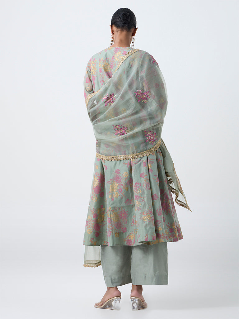 Vark Mint Floral Pattern Anarkali Cotton-Blend Ethnic Set