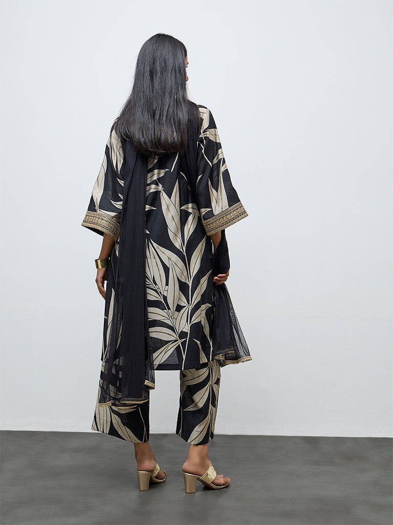 Vark Black Botanical Pattern A-Line Ethnic Set