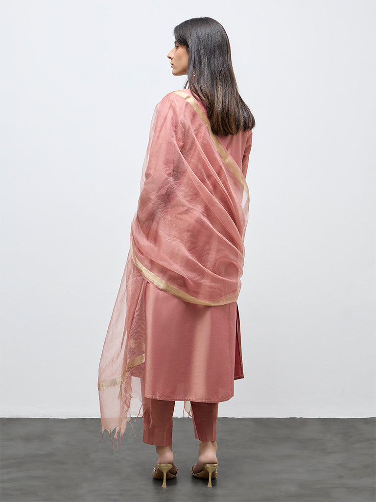 Vark Dusty Pink Floral Embroidered A-Line Ethnic Set