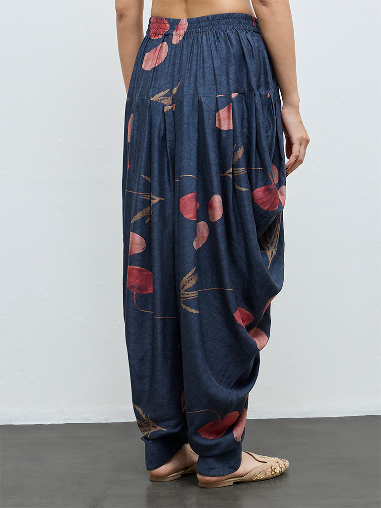 Zuba Navy Botanical Printed Dhoti Pants