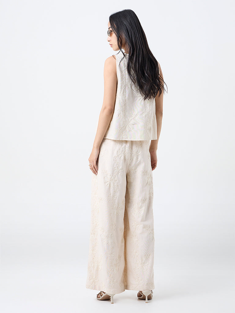 LOV Beige Floral Embroidered High-Rise Trousers