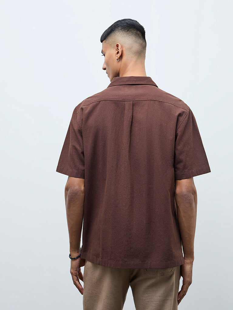 ETA Brown Floral Embroidered Relaxed-Fit Cotton Shirt