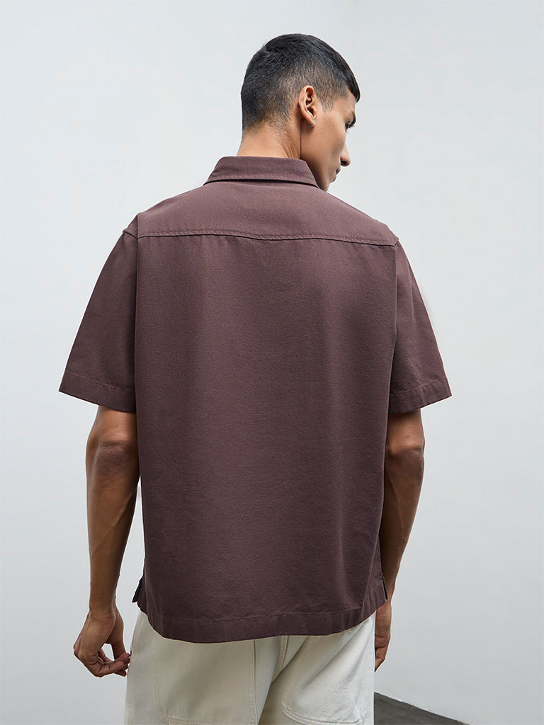 Nuon Brown Solid Relaxed-Fit Cotton Shirt