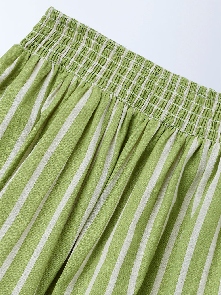Utsa Kids Girls Green Striped Cotton-Blend Skirt - (8-14 yrs)