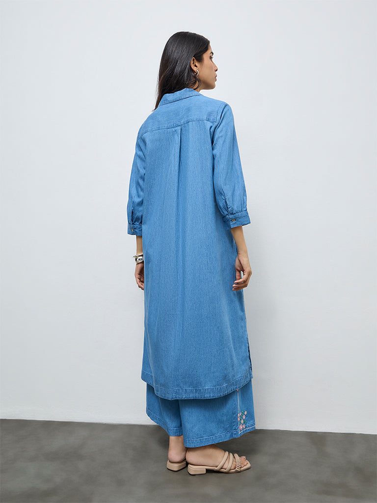 Utsa Blue Floral Embroidered Denim A-Line Kurta