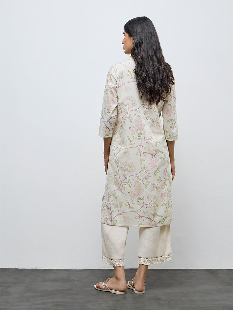 Utsa Off-White Printed Cotton Straight Kurta