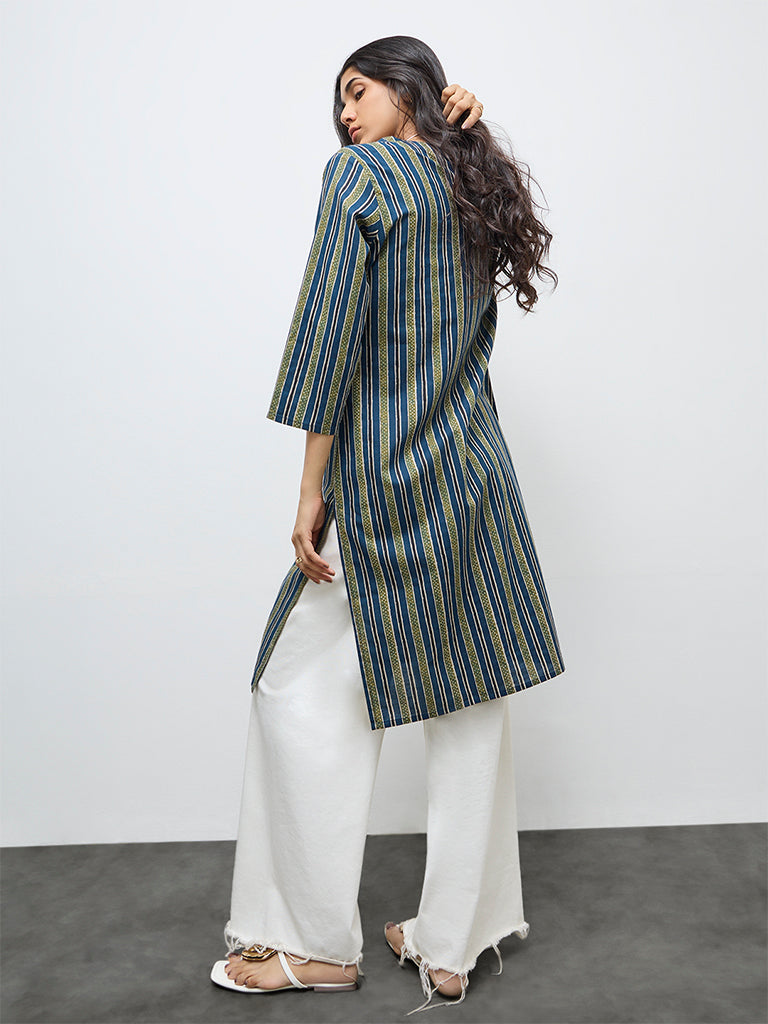 Utsa Indigo Striped Cotton Straight Kurta