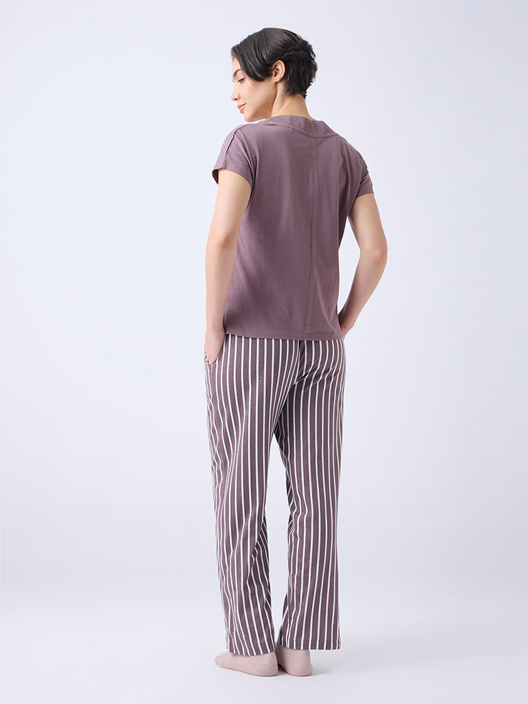 Wunderlove Brown Striped High-Rise Cotton Pants