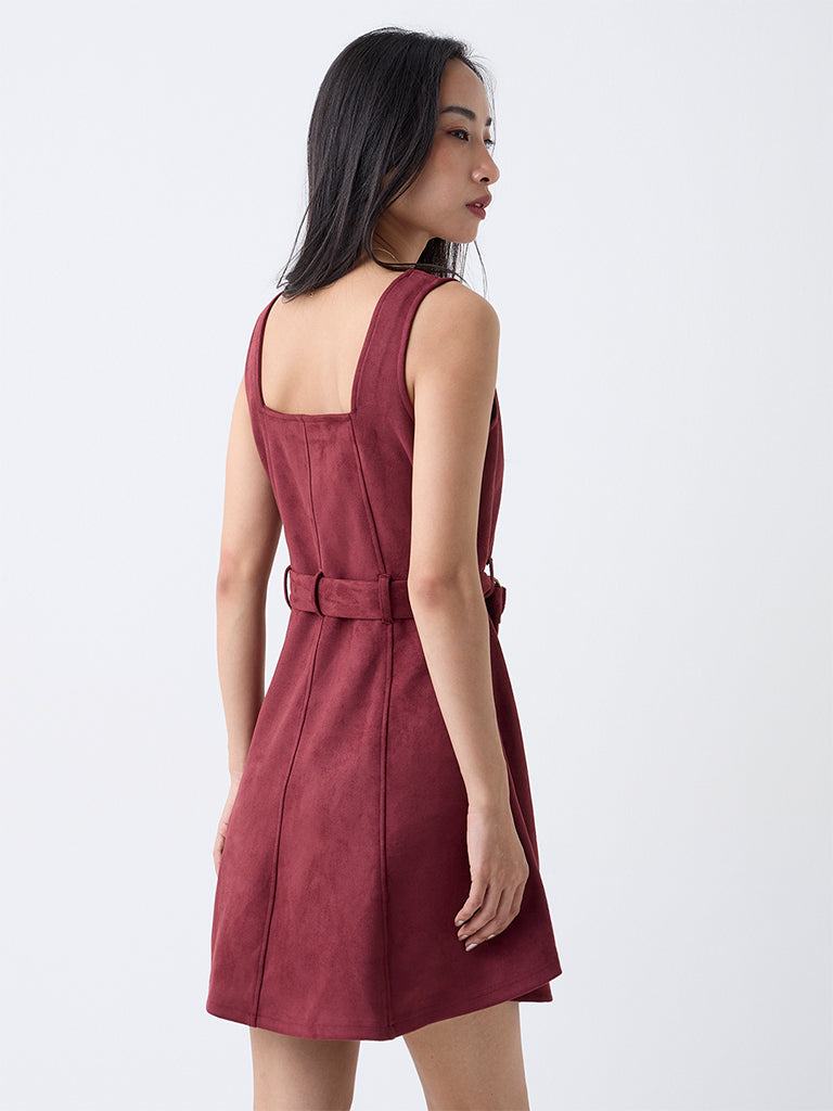 LOV Burgundy A-Line Suede Dress with Belt