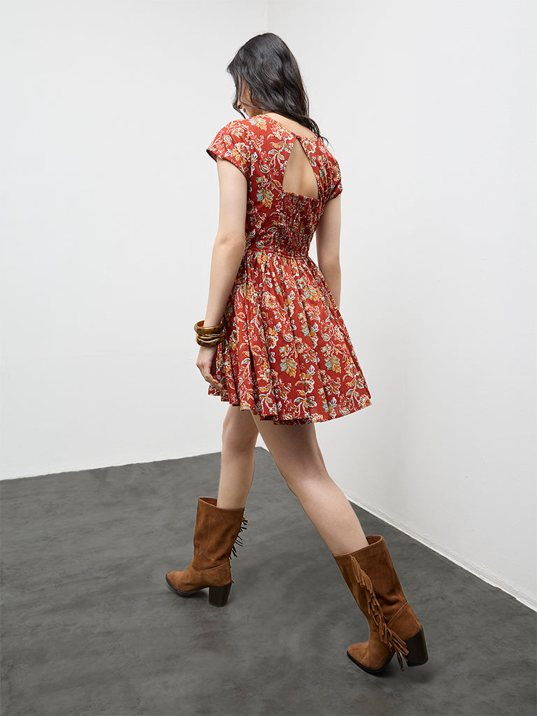 Bombay Paisley Red Floral Pattern Cotton A-Line Dress