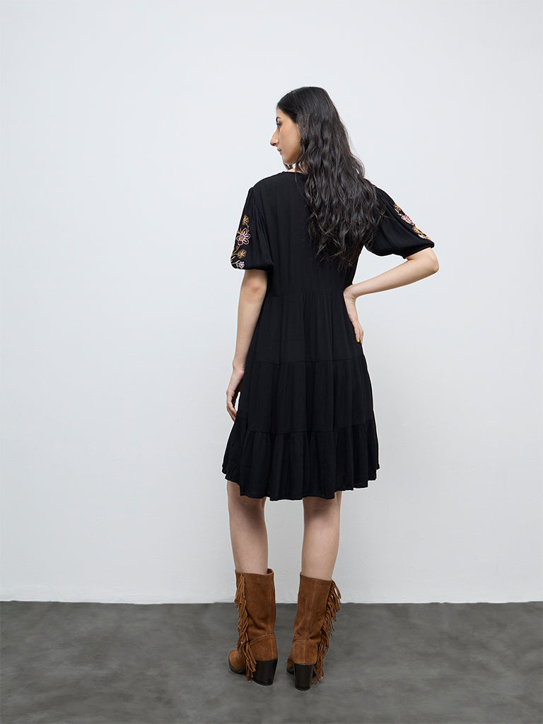 Bombay Paisley Black Embroidered Cotton A-Line Dress