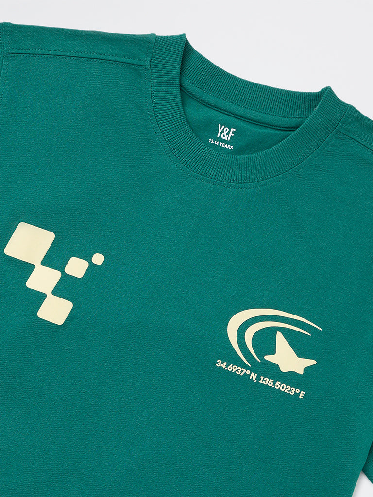 Boys Green Graphic Printed Cotton T-Shirt
