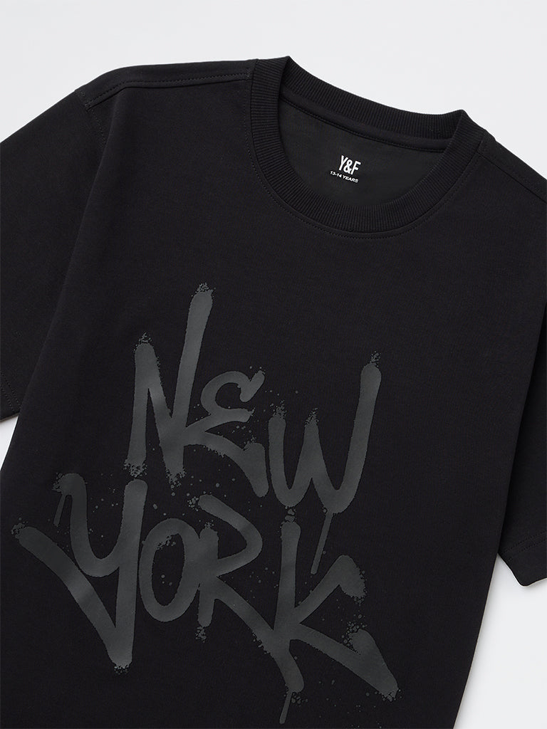 Boys Black Printed Cotton-Blend T-Shirt