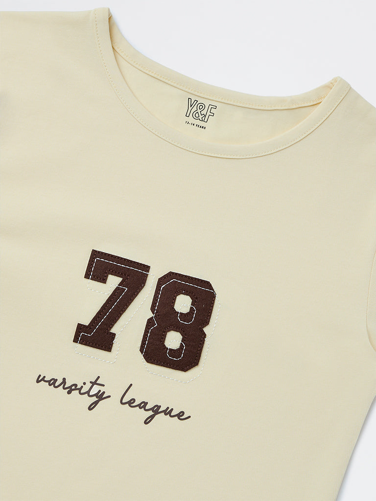 Girls Yellow Numerical Printed Cotton-Blend T-Shirt