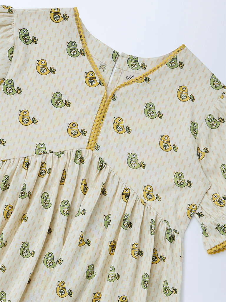 Utsa Kids Girls Off-White Printed Cotton Dress - (8-14 yrs)