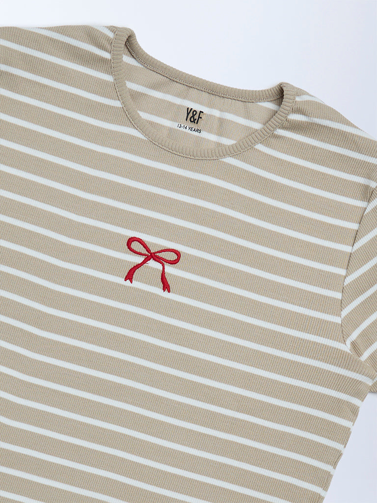 Girls Beige Striped Cotton T-Shirt