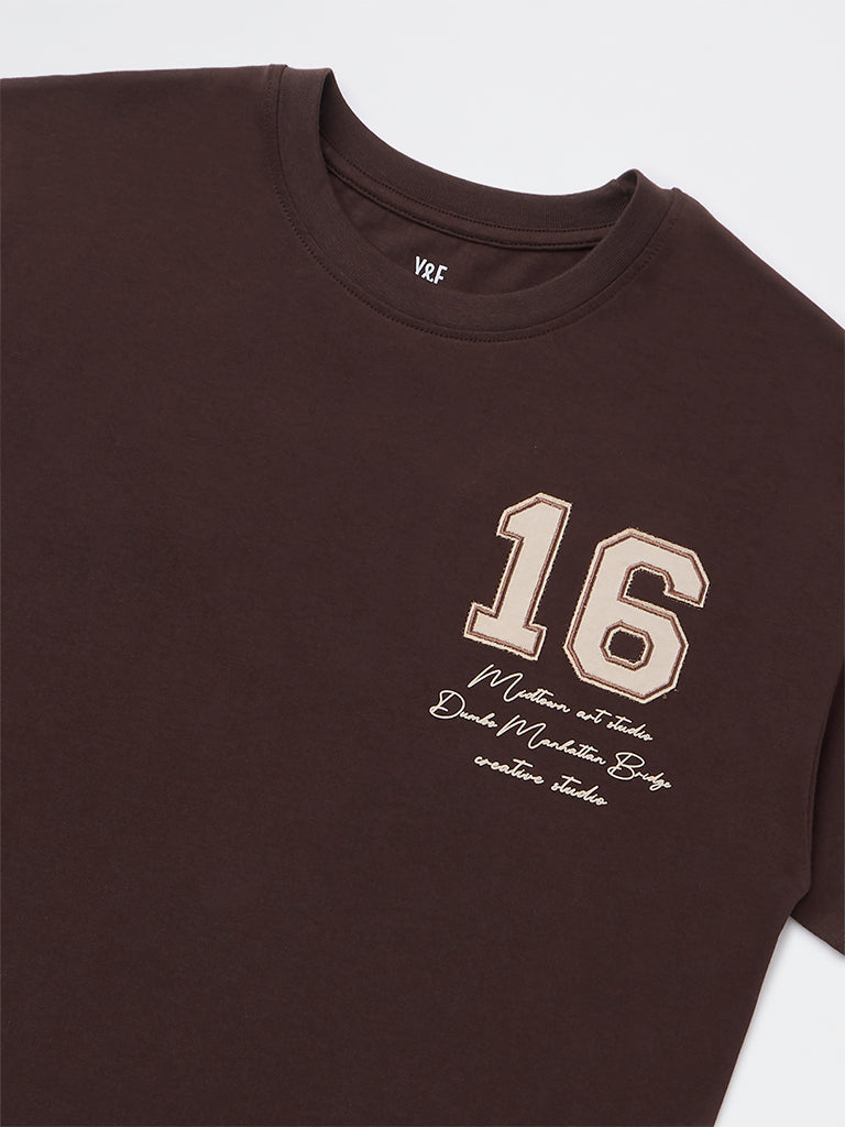 Girls Dark Brown Text Detailed Cotton T-Shirt