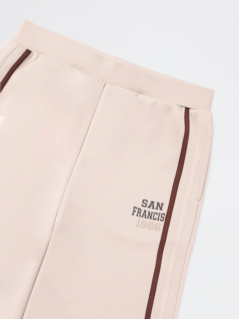 Girls Beige Striped High-Rise Pants