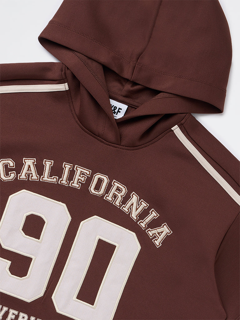 Girls Brown Text Detailed Hoodie