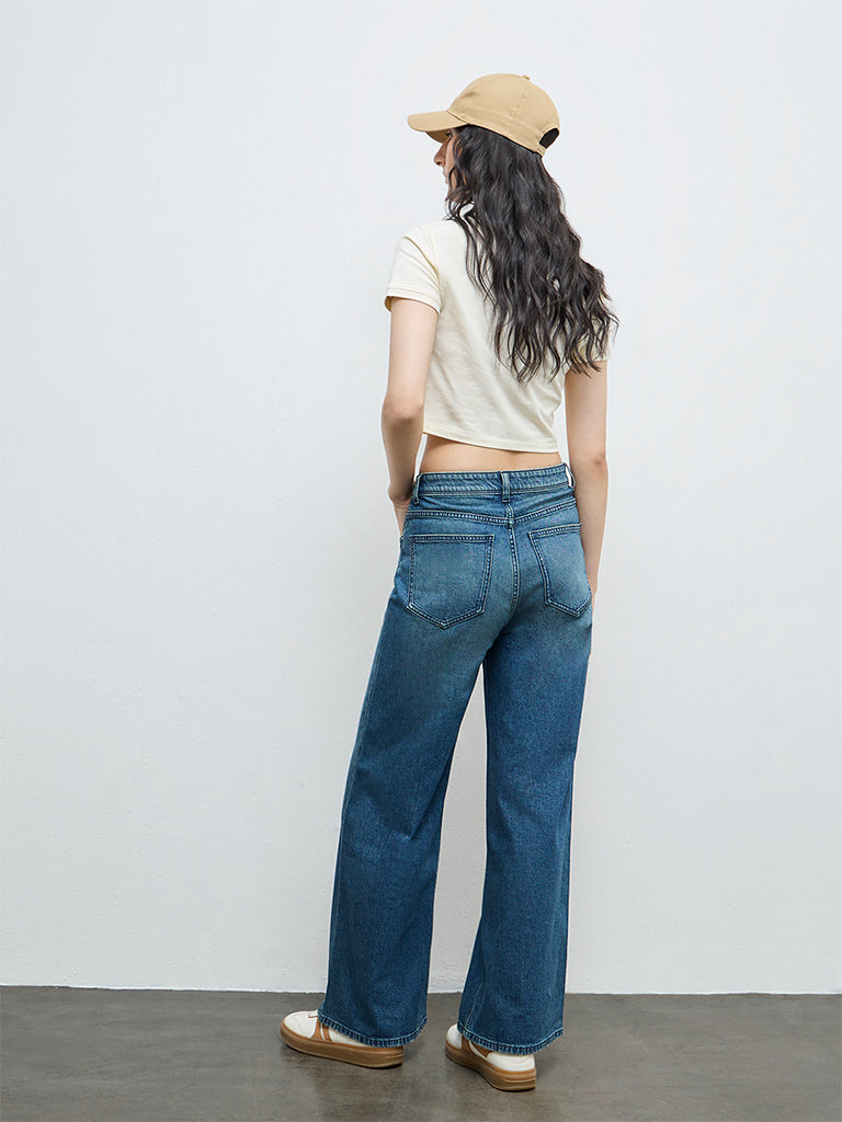 Nuon Dark Blue Distressed High-Rise Jeans