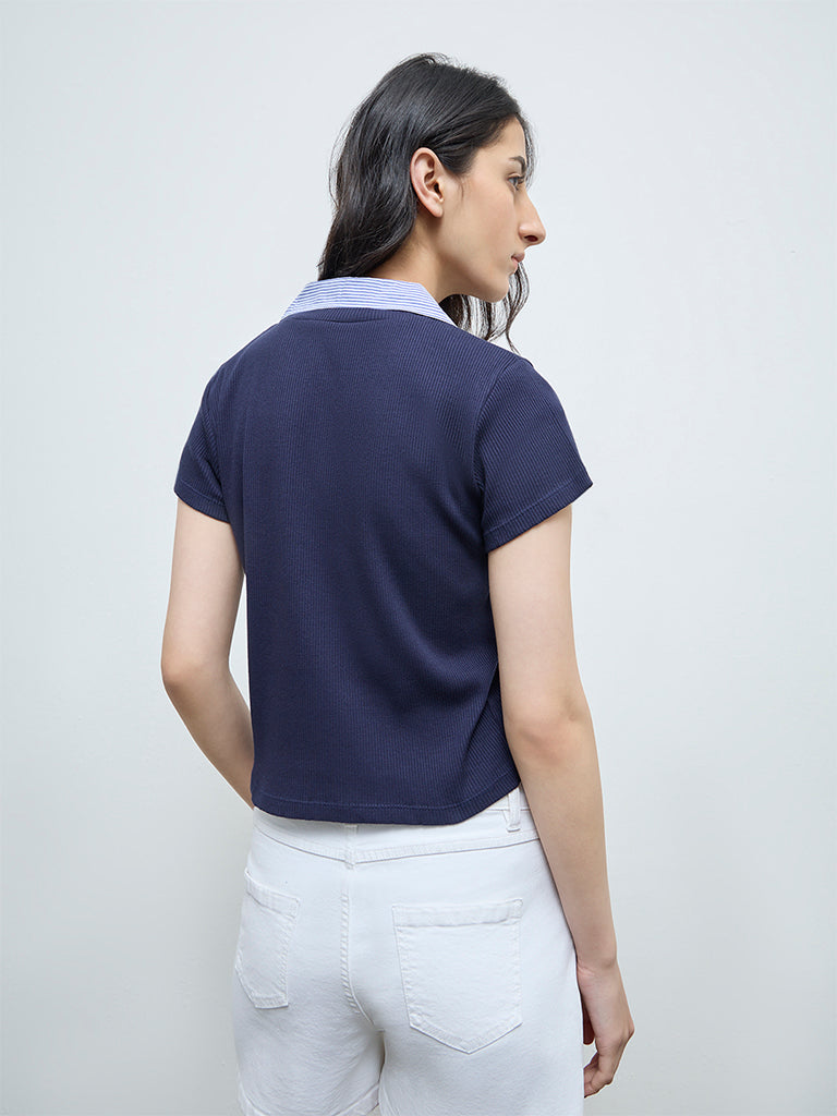 Nuon Navy Ribbed-Textured T-Shirt