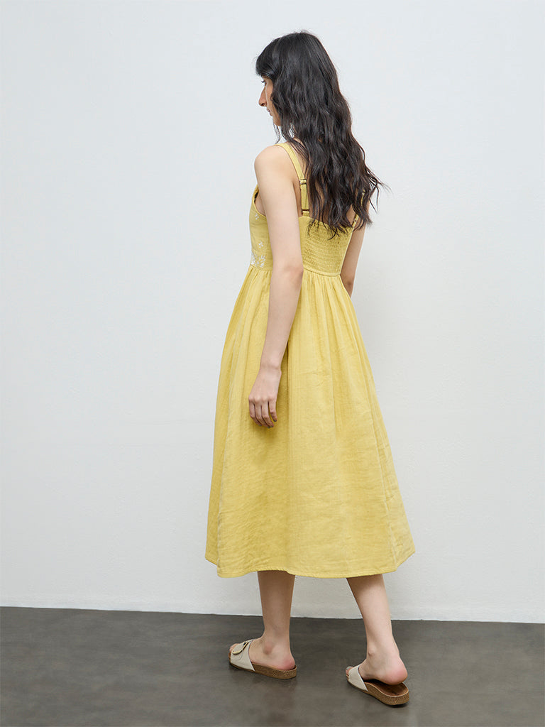 Bombay Paisley Yellow Floral Embroidered Cotton A-Line Dress