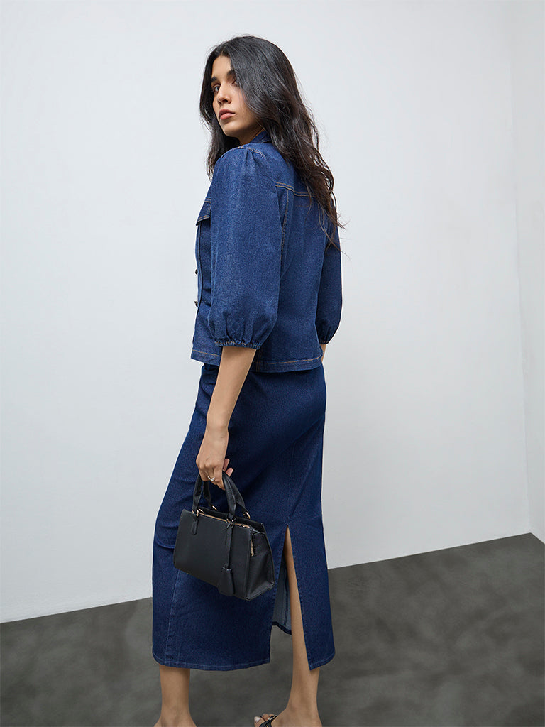LOV Dark Blue Solid Denim Blouse
