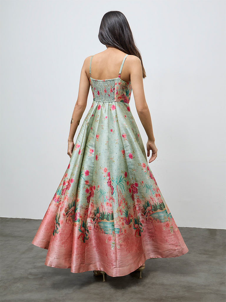 Vark Green Floral Pattern A-Line Dress