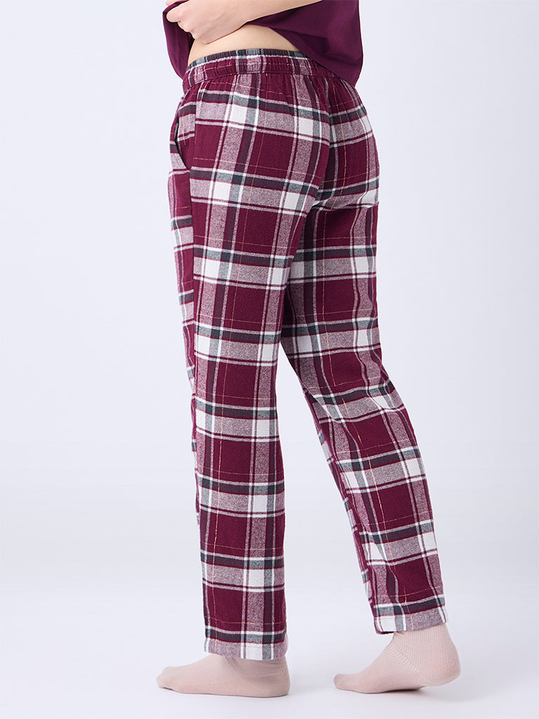 Wunderlove Wine Checks Pattern High-Rise Cotton Pants