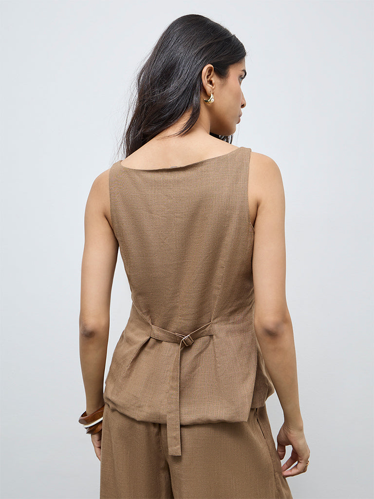 LOV Brown Solid Cotton-Blend Top