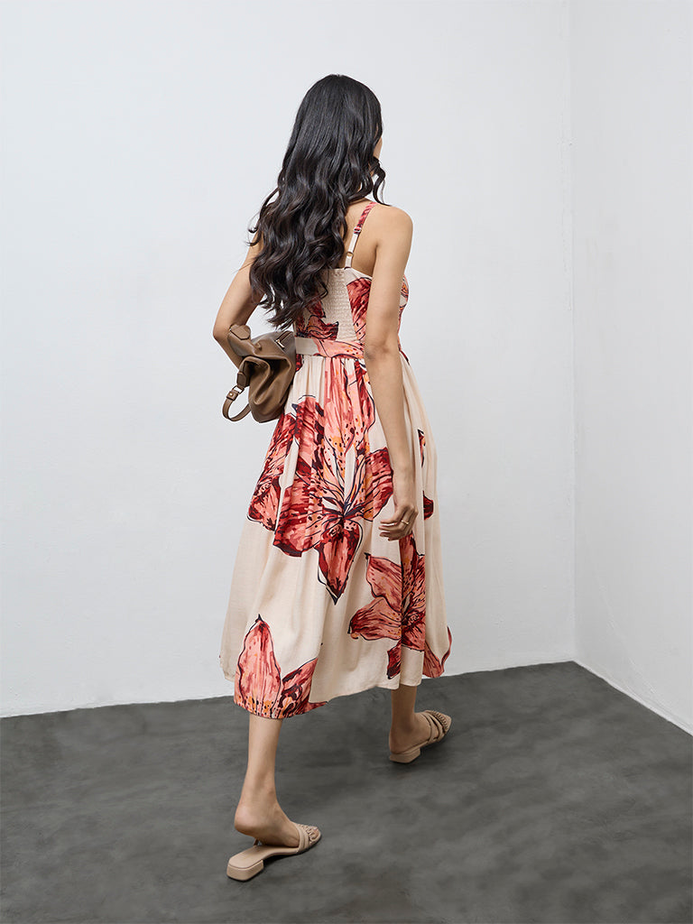 LOV Cream Foliage Printed A-Line Dress with Belt