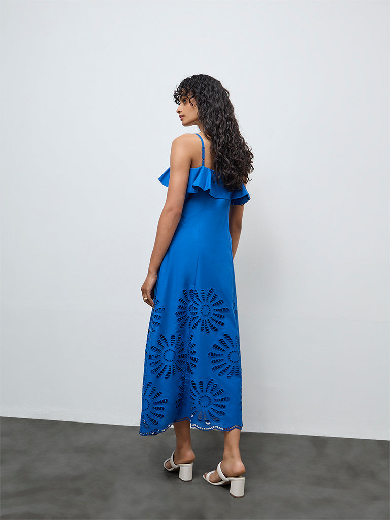 LOV Blue Floral Embroidered A-Line Cotton Dress