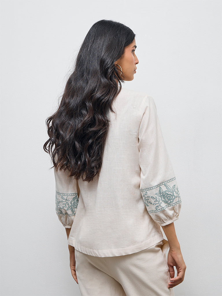 Utsa Off-White Floral Embroidered Cotton Tunic
