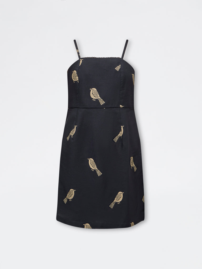 Utsa Black Bird Pattern Cotton-Blend Kurti