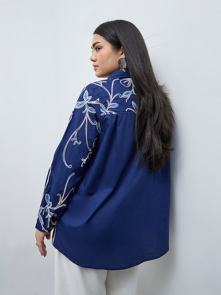 Gia Navy Floral Embroidered Cotton Shirt