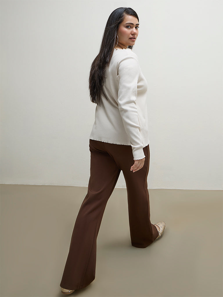 Gia Dark Brown Solid High-Rise Trousers