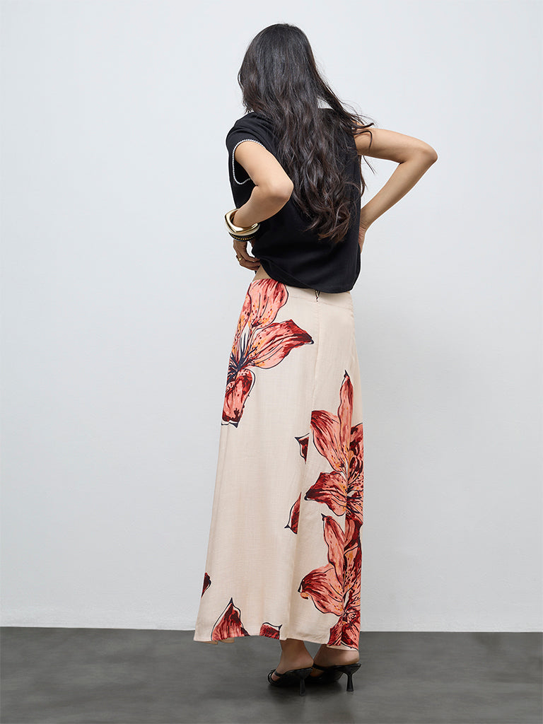 LOV Cream Foliage Printed High-Rise Skirt