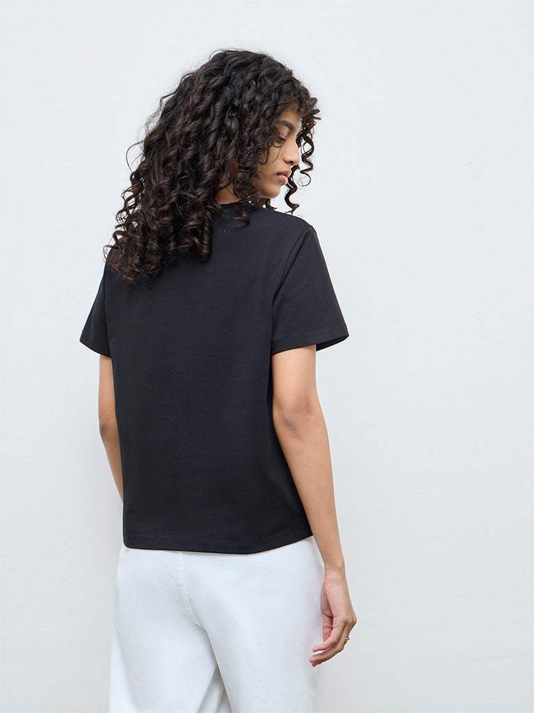 LOV Black Floral Embellished Cotton T-Shirt