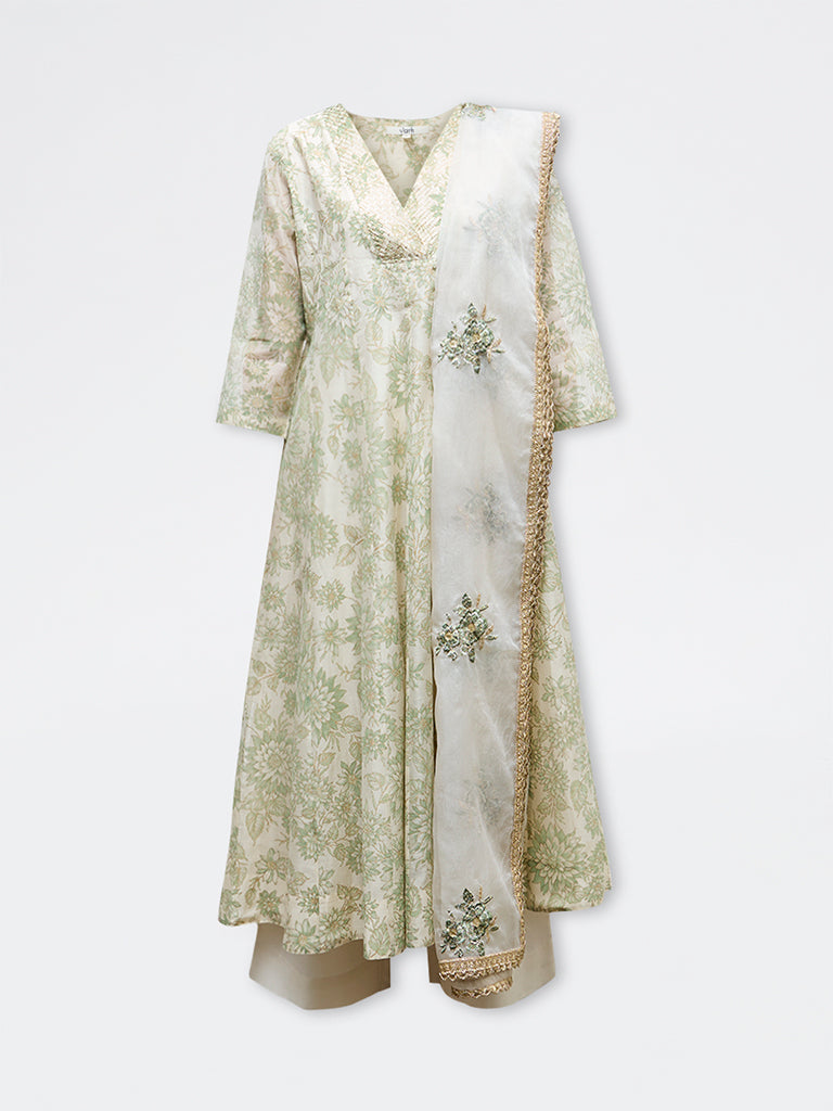 Vark Off-White Floral Printed Cotton-Blend A-Line Ethnic Set