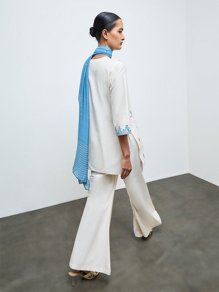 Vark Off-White Floral Embroidered A-Line Ethnic Set