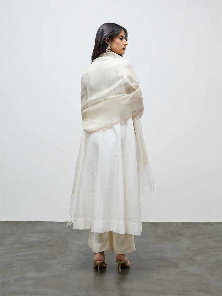 Vark Off-White Floral Embroidered Cotton-Blend A-Line Ethnic Set